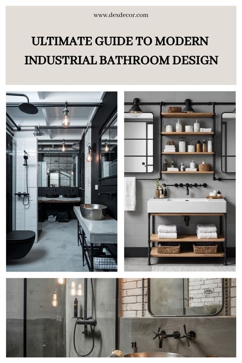 Collage of modern industrial bathroom designs with black fixtures, exposed pipes, and wooden accents. Modern Industrial Bathroom Design, Farmhouse Industrial Bathroom, Chic Guest Bathroom, Industrial Restroom, Small Industrial Bathroom, Industrial Modern Bathroom, Modern Industrial Bathroom, Small Bathroom Solutions, Kitchen Flooring Trends