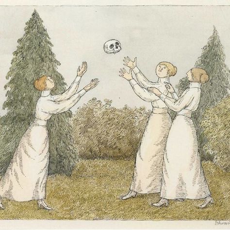 Edward Gorey (1925 – 2000) “A Dull Afternoon”  #EdwardGorey #Dull #Afternoon #landscape #skull #ball #girls #play #garden #colour #drawing #boomerangstories John Kenn, Edward Gorey, Alice Book, Victorian Wallpaper, Ink Pen Drawings, Art Plastique, Original Drawing, New Yorker, Dark Art