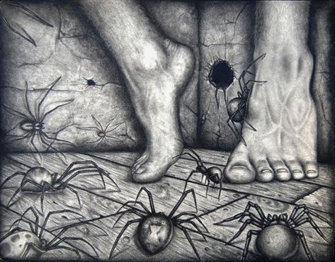 Arachnophobia (fear of spiders) - by herrerabrandon66 on reddit.com Fear As Drawings, Fear Of Spiders, Crazy Videos, Spider Drawing, Creepy Drawings, Web Security, Ap Studio Art, Artistic Pictures, Spider Art