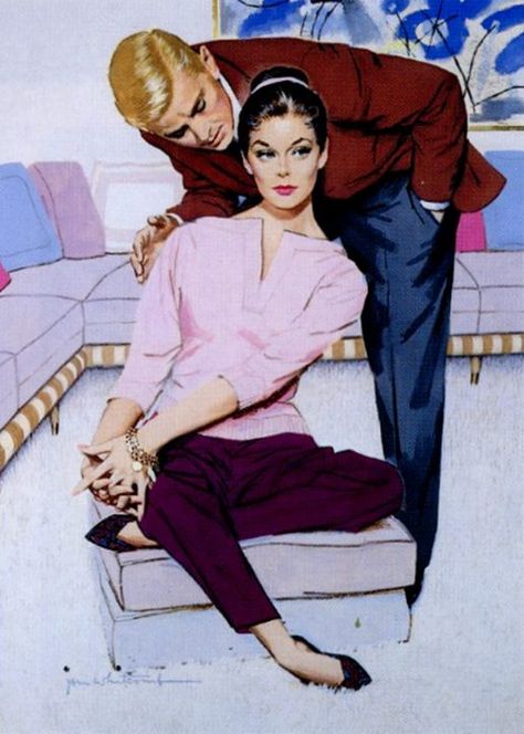 Jon Whitcomb. Gorgeous Mid Mod interior! And her charm bracelet...love! 1958 Jon Whitcomb, Arte Pulp, Robert Mcginnis, Vintage Housewife, Vintage Illustration Art, Mid Century Illustration, Job 1, Vintage Couples, Lifestyle Illustration