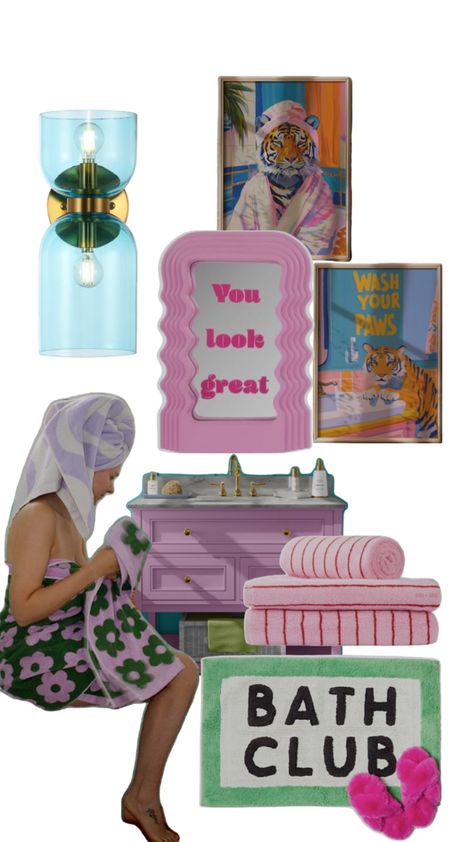 A playful yet stylish bathroom setup featuring pastel tones and quirky elements. Key highlights include a lavender vanity, fluffy pink towels, and retro-inspired wall art with humorous tiger motifs. The “You look great” mirror adds a motivational touch, while the “Bath Club” rug and fuzzy pink slippers bring a cozy vibe. Perfect for a whimsical, relaxing bathroom space. Bathroom Decor Eclectic, Dopamine Bathroom, Dopamine Decor Bathroom, Bathroom Ideas Fun, Quirky Bathroom Ideas, Funky Bathroom Decor, Funky Bathroom Ideas, 80s Bathroom, Funky Bathroom