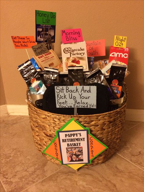 Retirement gift basket Retirement Survival Kit, Retirement Gifts Diy, Retirement Gift Basket, Retirement Gift Ideas, Best Retirement Gifts, Retirement Party Gifts, Teacher Retirement Gifts, Retirement Gifts For Men, Diy Easter Gifts