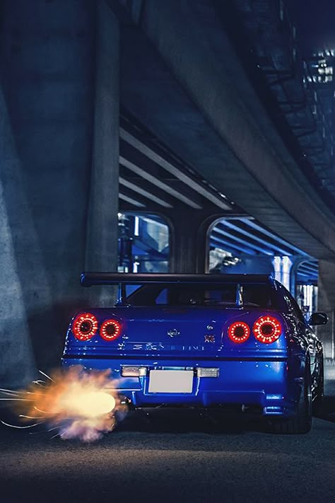 Blue R34 with awesome exauhst Skyline Gtr R34, Gtr R34, Nissan Skyline Gtr, Skyline Gtr, Nissan Skyline, Supercars, A Car, Nissan, Sports Car