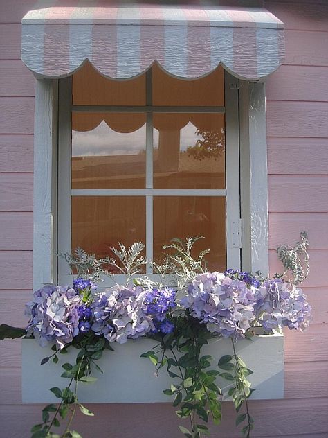 Playhouse Awning Diy, Playhouse Window Boxes, Playhouse Flower Boxes, Playhouse Awning, Playset Makeover, Playhouse Windows, Playhouse Decor, Old Window Panes, Horse Float