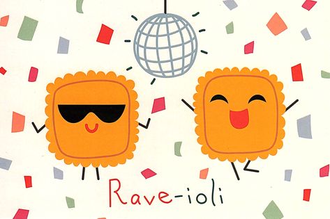 Cute Funny Ravioli Pasta Rave Party Pun Postcard Pasta Puns, Pasta House, Ravioli Pasta, Funny Postcards, Italian Humor, Cute Puns, Rave Party, Cute Stationary, Ravioli