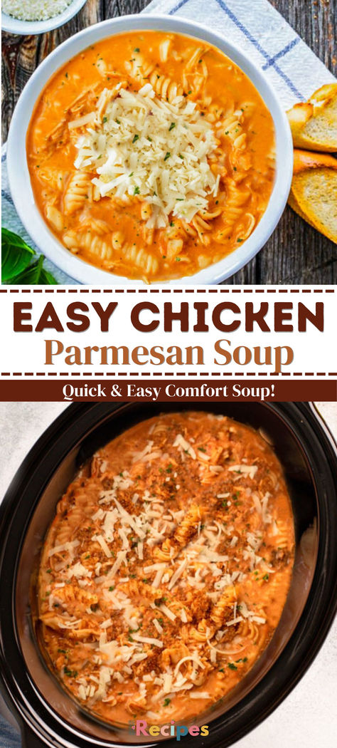 This Crockpot Chicken Parmesan Soup is everything you love and that is good about chicken. Not only is it made in a crock pot which makes it very simple but it’s also full of tasty goodness. Chicken Relleno Soup, Easy Dump And Go Crockpot Soups, Campbells Cheddar Soup Recipes, Crock Pot Creamy Parmesan Chicken Soup, Winter Food Recipes Cold Weather, Creamy Parmesan Chicken Soup, Christmas Eve Dinner Ideas Crock Pot, Crock Pot Creamy Chicken Parmesan Soup, Crockpot Creamy Chicken Parmesan Soup