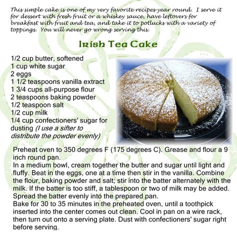 Irish Tea Cake Recipe, Irish Tea Cake, Tea Cake Recipe, Easy Delicious Cakes, Irish Tea, Simple Cakes, Kitchen Witch Recipes, Tea Cakes Recipes, Tea Cake