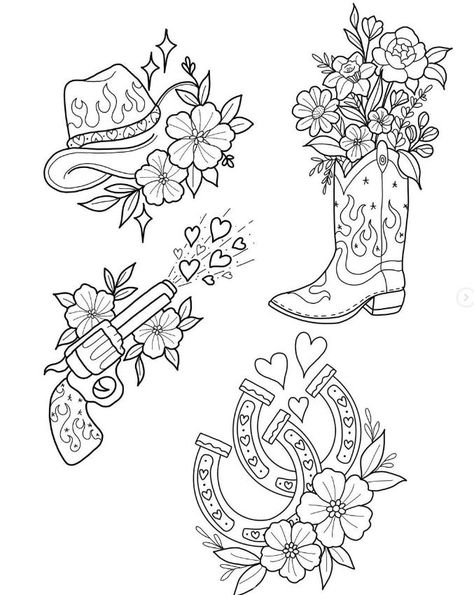 Western Country Tattoo, May Inspired Tattoos, Western Flash Tattoo Sheet, Western Tattoo Drawings, Western Theme Drawings, Western Woodburning Ideas, Cowgirl Flash Tattoo, Matching Western Tattoos Couples, Western Pinup Tattoo