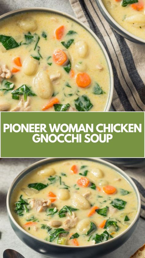 Pioneer Woman Chicken Gnocchi Soup combines olive oil, onion, carrots, celery, garlic, flour, chicken broth, chicken thighs, thyme, salt, pepper, gnocchi, spinach, and half-and-half. This tasty soup is a hearty meal that takes about 35 minutes to prepare and serves 6 people. Pioneer Woman Gnocchi Soup, Chicken Dumpling Soup With Gnocchi, Soup Recipes Chicken Gnocchi, Pioneer Woman Chicken Gnocchi Soup, Chicken And Dumplings Gnocchi, Chicken Soup With Chicken Thighs, Gnocchi And Sausage Soup, Chicken Pot Pie Soup With Gnocchi, Recipes Using Chicken Stock