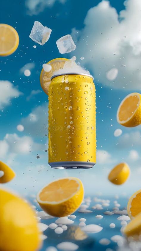 Blank yellow drink-can, clouds, lemon stock illustration Drink Social Media Design, Drink Creative Ads, Lemon Drop Drink, Yellow Sticky Notes, Doodles Ideas, Photoshop Lessons, Abstract Animal Art, Orange Tea, Yellow Sign