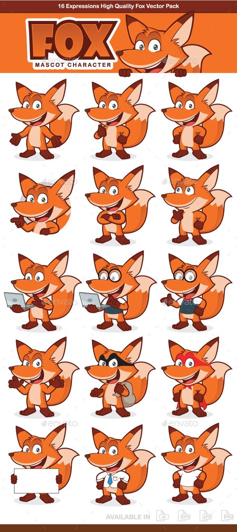 16 Expressions fox mascot character, High quality vector character mascot illustration. Fully customizable in AI and EPS, Also ava Animal Mascot Design, Cartoon Character Clipart, Fox Mascot, Toon Characters, Brand Mascot, Mascot Illustration, Comic Book Template, Fox Character, Character Mascot