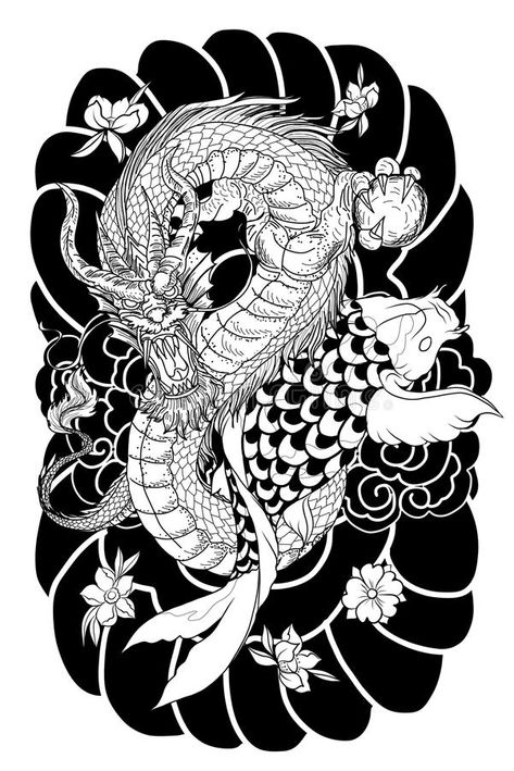 Flower Tattoo For Arm, Dragon Koi Tattoo Design, Drawn Dragon, Dragon Koi Fish, Koi Dragon Tattoo, Dragon Tattoo Back, Japanese Koi Fish Tattoo, Koi Tattoo Sleeve, Koi Dragon