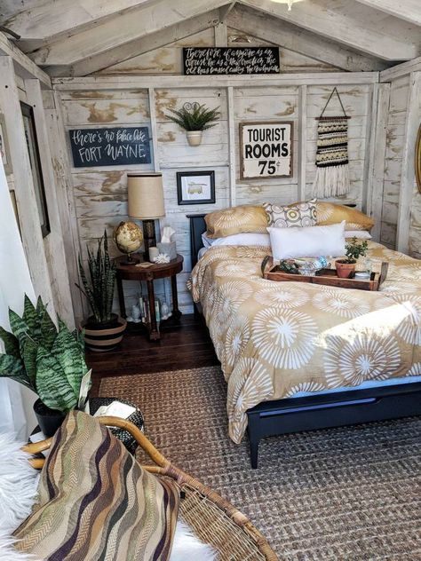 Storage Shed Bedroom Ideas, Tiny Shed Bedroom, Guest Shed Interior, Tiny Shed Home Ideas, Glamping Shed, Small Shed Bedroom Ideas, Tiny She Shed Interior Ideas, Guest Room Shed, Airbnb Shed