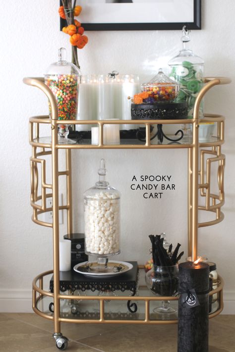 Candy Bar Cart, Halloween Bar Cart, Halloween Party Bar, Holiday Bar Cart, Halloween Candy Bar, Coffee/wine Bar, Spooky Candy, Halloween Decor Diy, Halloween Bar