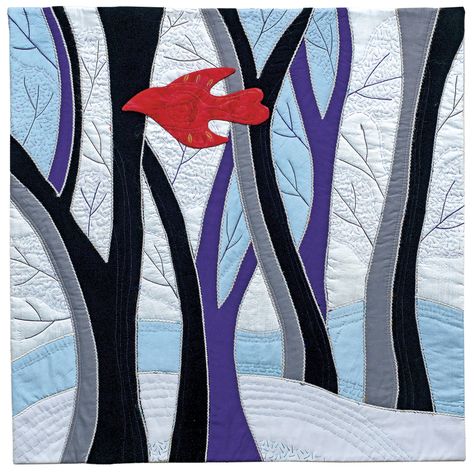 Lone Winter's Night Quilt Winter Quilts Patterns, Happy Quilts, Tree Quilt Block, Landscape Quilting, Denim Quilts, Winter Paper, Tree Quilts, Wall Hanging Ideas, Landscape Quilt