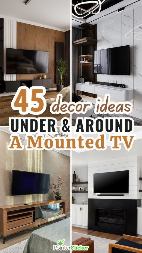 decor ideas under and around mounted tv Tv Wall Maximalist, Tv Unit Decor With Plants, Wall Mounted Tv Corner, Tv Wall Ideas Floating Shelves, Tv Shelf Bedroom, Mounted Tv With Floating Shelves, Living Room Console Table Decor Modern, Floating Shelves Living Room Mounted Tv, Decor Under Mounted Tv