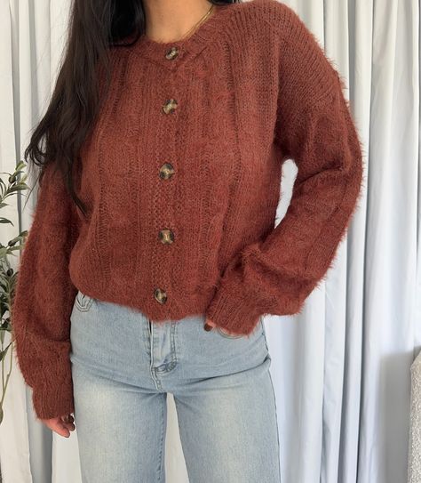 fall’s favorite hue 🍂 this rust colored sweater is the cozy vibe you need this season Button Cardigan, Rust Color, Chestnut, Colorful Sweaters, Need This, Rust, Quick Saves, Color