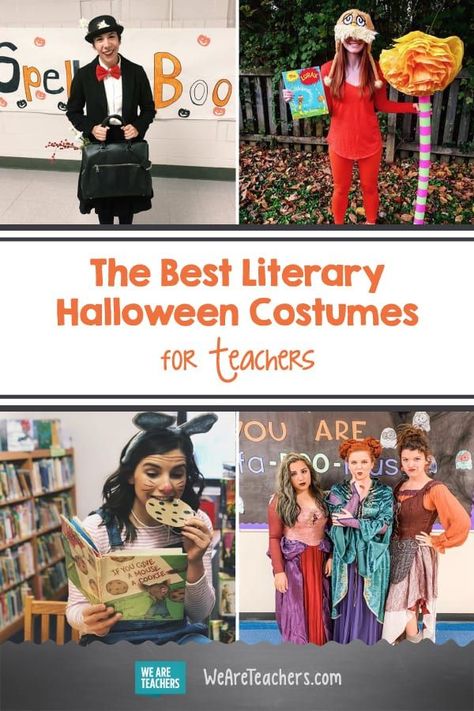 The Best Literary Halloween Costumes for Teachers. We love these literary Halloween costumes for teachers! From Elizabeth Bennet to The Very Hungry Caterpillar, you'll find ideas for every grade level. #halloween #teachers #teacherlife Kids Books Character Costumes, Fairy Tale Costumes For Teachers, Book Character Dress Up For Teachers Storybook Characters, Library Costumes Halloween, Cheap Teacher Halloween Costumes, Teacher And Aide Halloween Costumes, Book O Ween Teacher Costumes, Literacy Week Costumes, Holloween Costume Ideas For Teacher