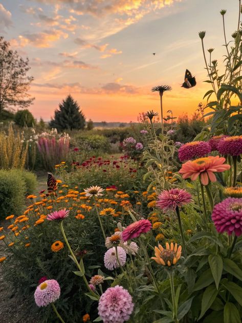 Witness the magic of a garden at sunset! With vibrant flowers and fluttering butterflies, it's a perfect moment to inspire your own outdoor sanctuary. 🌼✨ Share your favorite garden memories with us! . #homeandgarden #betterhomesandgardens #homegardening #homesandgardens #homegarden #gardenhome #gardeningathome #flowers #plants #beautifulflowers Field With Flowers Aesthetic, Garden With Flowers Aesthetic, Nature Aesthetic Square, 2025 Vision Board Garden, Sunny Fields Aesthetic, Flower Garden At Home, Gardening Flowers Aesthetic, Tropical Garden Aesthetic, Garden Asthetics Photos