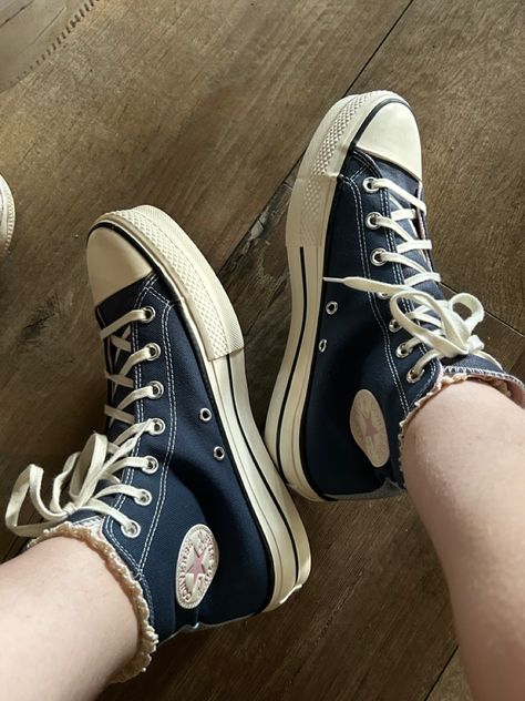 Denim Converse Outfit, Navy Platform Converse, Converse And Socks, Blue Platform Converse, Blue Converse Outfit, Sock Inspiration, Ruffle Sock, Blue Y2k Outfit, Converse Outfit Summer