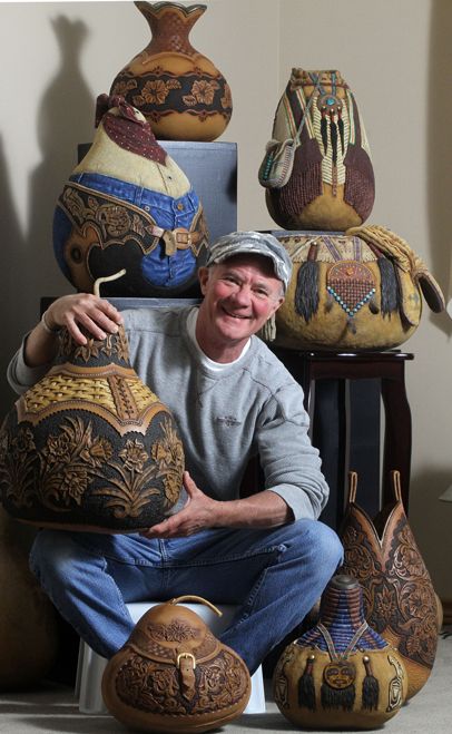 Jordan Straker doesn't believe in horsing around. For 20 years working in the medium of wood, this Alberta carver has used his amazing leather-look wooden delights to win the attention of art collectors around the world Gourd Painting, Gorgeous Gourds, Calgary Stampede, Gourds Birdhouse, Decorative Gourds, Hand Painted Gourds, Fraser Valley, Gourds Crafts, Painted Gourds