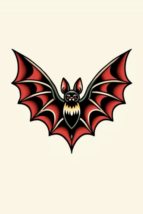 Bat Tattoos Traditional, Colorful Filler Tattoo, Traditional Style Memorial Tattoo, Different Styles Of Tattoos Chart, Bat American Traditional, Bat Pinup Tattoo, Trad Vampire Tattoo, American Trad Animal Tattoo, American Traditional Vampire Tattoo