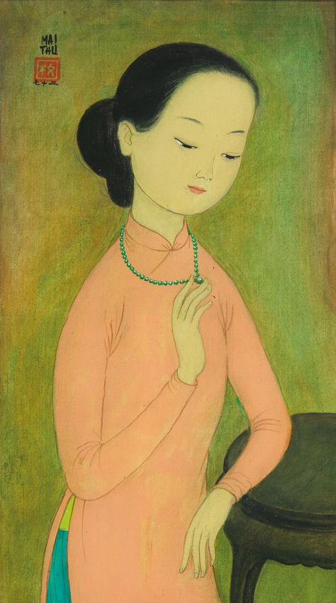 Vietnamese Drawing, Vietnam Painting, Vietnam Fashion, Filipino Art, Vietnam Art, Color Harmony, Jade Necklace, Museum Of Fine Arts, Silk Painting