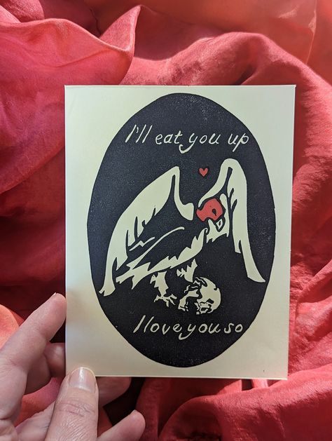 "Block Printed Card for the one you love. It may not look the same, but it's still love! Each card's image  is made with two hand carved stamps. One for the black details and the other for the red heart and endearing vulture head. The card is 4.25\"x 5.5\" with matching envelopes." Goth Valentines Day Gifts, Halloween Valentines Day Cards, Scary Valentine Cards, Bat Valentines Day Card, Gothic Valentines Day Cards, Valentine’s Day Linocut, Family Valentines Day, Fall Greeting Cards, Carved Stamps