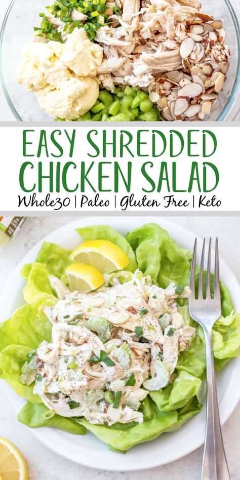 This easy shredded chicken salad recipe is so easy to make, and a great way to use leftover chicken or rotisserie chicken. It's made in under 20 minutes, with fewer than 10 ingredients and is awesome for lunch meal prep or shredded chicken salads. This salad is also Whole30, gluten free, dairy free, paleo and keto. #shreddedchickensalad #whole30chickensalad Gluten Free Chicken Salad Recipe, Shredded Chicken Salad Recipe, Paleo Chicken Salad Recipe, Shredded Chicken Salad, Chicken Recipes Dairy Free, Shredded Chicken Salads, Paleo Chicken Salad, Easy Paleo Chicken, Use Leftover Chicken