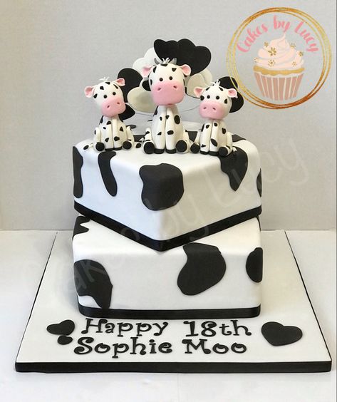 Cow themed cake 2 tier with fondant cow models Cows Cake Ideas, Cow Deserts, Cow Themed Cake, Fondant Cow, Cow Birthday Cake, Cake 2 Tier, Cow Cupcakes, Second Birthday Cakes, Cow Cake