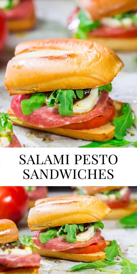 Layered with all sorts of delicious Italian ingredients, these Salami Pesto Sandwiches are packed with flavor! Salami Sandwich, Pesto Sandwich, Hot Sandwiches, Chewy Bread, Weeknight Dinner Ideas, Panini Sandwiches, Panini Recipes, Best Sandwiches, Soups And Sandwiches