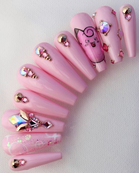 Pink Pokemon Nails, Pokemon Nails Acrylic, Pokemon Nail Art, Harley Quinn Nails, Nail Anime, Pokemon Nails, Acrylics Ideas, Makeover Madness, Nail Therapy