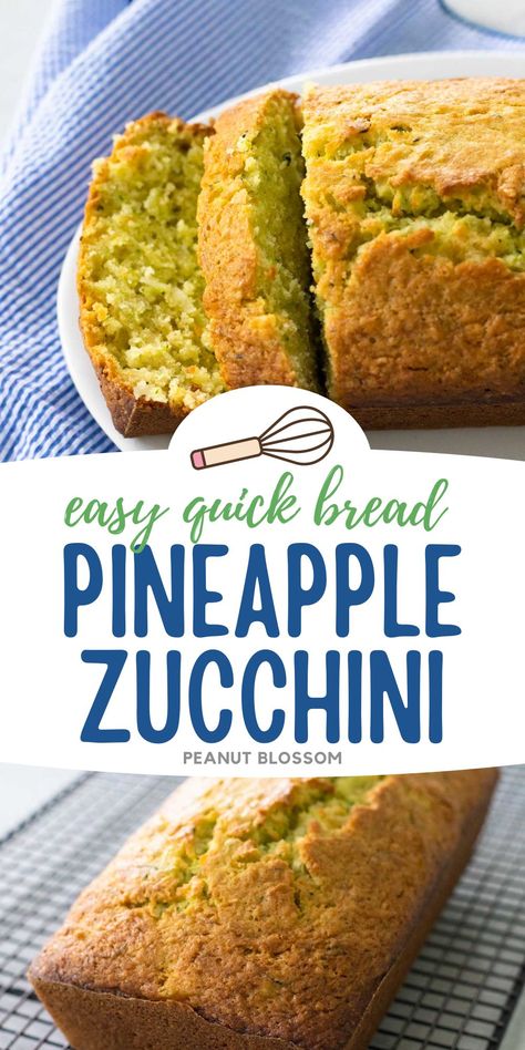 This sweet pineapple zucchini bread is a great way to use up fresh zucchini. Mix crushed pineapple and shredded coconut in for a delightful tropical flavor to the breakfast treat. Pineapple Zucchini Bread Recipes, Pineapple Zucchini Bread, Popular Breakfast Recipes, Beginner Baker, Easy Quick Bread, Zucchini Recipes Dessert, Dessert Breads, Peanut Gallery, Quick Bread Recipe