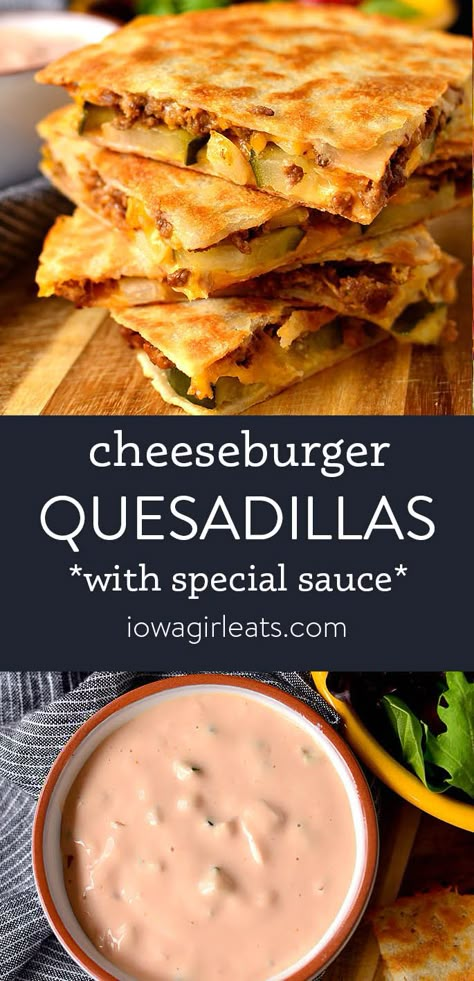 Cheeseburger Quesadillas are quick, fun, and finger lickin' good! This easy dinner recipe goes from fridge to table in under 30 minutes. iowagirleats.com keywords: dinner recipes, dinner ideas, dinner ideas easy, 20 minute meals, 20 minute dinners, 30 minute meals, 30 minute dinners, ground beef recipes, ground beef recipes easy Cheeseburger Quesadillas, Diner Recept, Iowa Girl Eats, Special Sauce, Easy Dinner Recipe, Cheese Burger, Beef Dinner, Quesadillas, Dinner Recipe