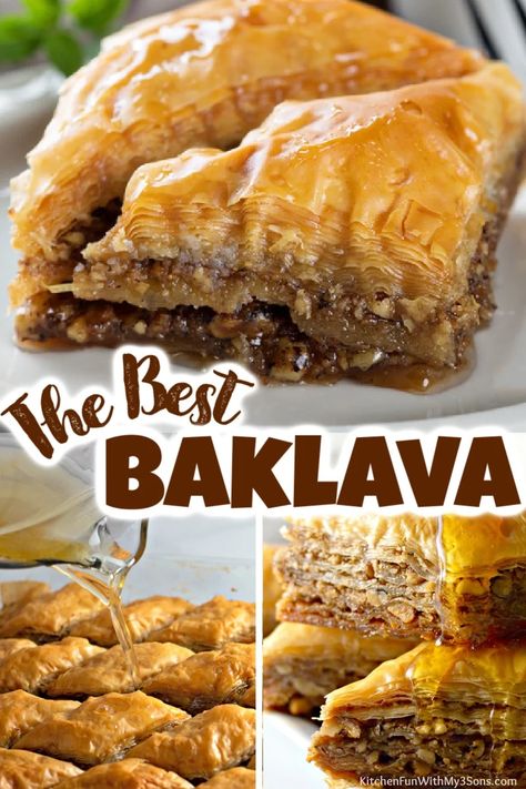 This Easy Homemade Baklava is made with crisp layers of delicate phyllo, a crunchy walnut-and-cinnamon filling, and a gorgeous, golden, honey syrup. It's a traditional dessert you can make in your own kitchen! Homemade Baklava Recipe, Best Baklava Recipe, Homemade Baklava, Baklava Recipe Easy, Greek Baklava, Mediterranean Desserts, Pasta Fillo, Baklava Recipe, Greek Desserts