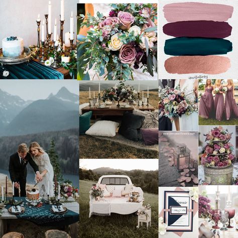 Hunter Green And Mauve Wedding, Mauve Emerald Wedding, Teal And Mauve Wedding, Teal And Dusty Rose Wedding, Emerald Mauve Wedding, Dark Teal And Dusty Rose Wedding, Dusty Mauve Wedding Color Palettes, Teal Mauve Wedding, Teal Dusty Rose Wedding