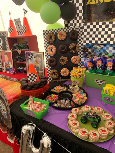 Monster Truck Candy Table, Monster Truck Treat Table, Monster Jam Treat Table, Monster Jam Birthday Backdrop, Monster Jam Party Decorations, Monster Truck Theme Birthday Party, Monster Truck Birthday Party Ideas, Truck Birthday Party Ideas, Monster Jam Birthday Party