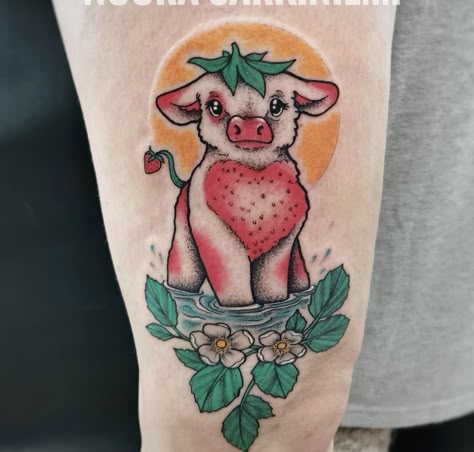 Food Animal Tattoo, Strawberry Cow Tattoo, Vegan Tattoos, Watermelon Tattoo, Arm Sleeve Tattoos For Women, Fruit Tattoo, Cow Tattoo, Tattoo Apprenticeship, Vegan Tattoo