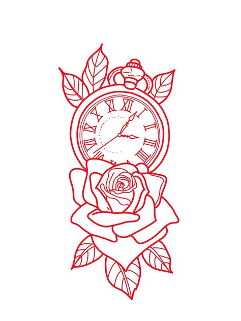 Clock With Rose Tattoo Design, Clock Outline Tattoo, Rose And Clock Tattoo Design, Tattoo Designs Men Stencil, Clock Rose Tattoo Design, Campus Tattoo, Patchwork Half Sleeve Tattoo, Rose Clock Tattoo, Time Clock Tattoo