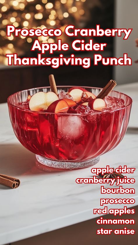 This Prosecco Cranberry Apple Cider Thanksgiving Punch is a sparkling, festive drink that combines the sweet, crisp flavors of apple cider and cranberry with a hint of bourbon and bubbly prosecco. #proseccocranberryappleciderthanksgivingpunch #thanksgivingcocktails via @mybartender Bourbon Thanksgiving Drinks, Thanksgiving Bourbon Punch, Cranberry Punch Recipes Non Alcoholic, Christmas Apple Cider, Thanksgiving Apple Cider, Cider Drink Recipes, Cranberry Apple Cider, Cranberry Cocktails, Apple Cider Mimosa Recipe