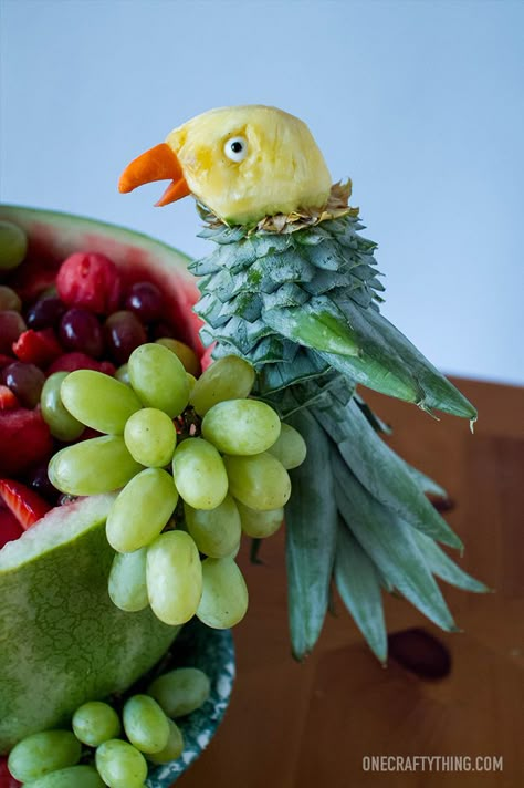 Tropical Parrot Fruit Salad | OneCraftyThing.org Fruit Salad Decoration, Salad Design, Tropical Fruit Salad, Deco Fruit, Fruit Creations, Fruits Decoration, Fruit Platters, Fruit Trays, Watermelon Carving