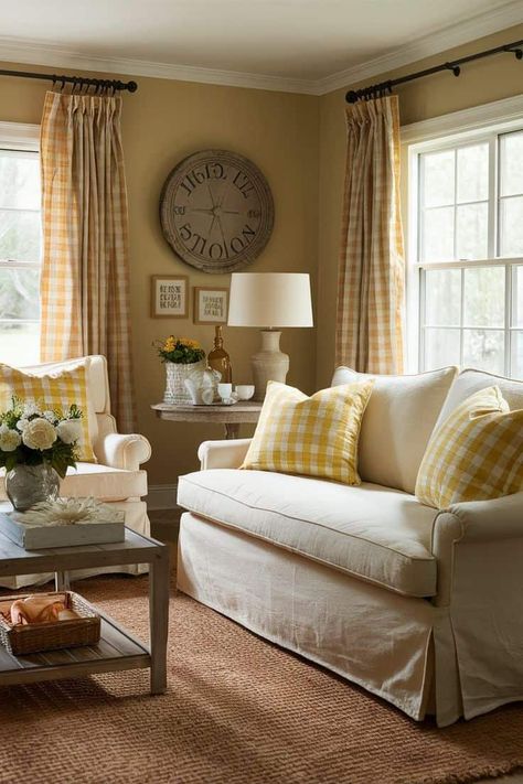 20 Cozy Cottage Core Living Room Decor Ideas » Lady Decluttered Honey Living Room, Cottage Living Rooms Cozy, Cottage Core Living Rooms, Yellow Living Room Furniture, Vintage Decor Bedroom, Vintage Decor Living Room, Granny Pad, Townhouse Living Room, Cottage Core Living Room