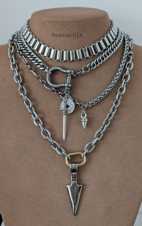 Layered chunky chain necklace, shackle curb chain necklace, stainless steel wide choker, carabiner clasp, spear head  multi chain necklace Punk Style Outfits, Spear Head, Unique Statement Necklace, Chunky Chain Necklace, Multi Chain Necklace, Chunky Chain Necklaces, Curb Chain Necklace, Chain Necklaces, Punk Style