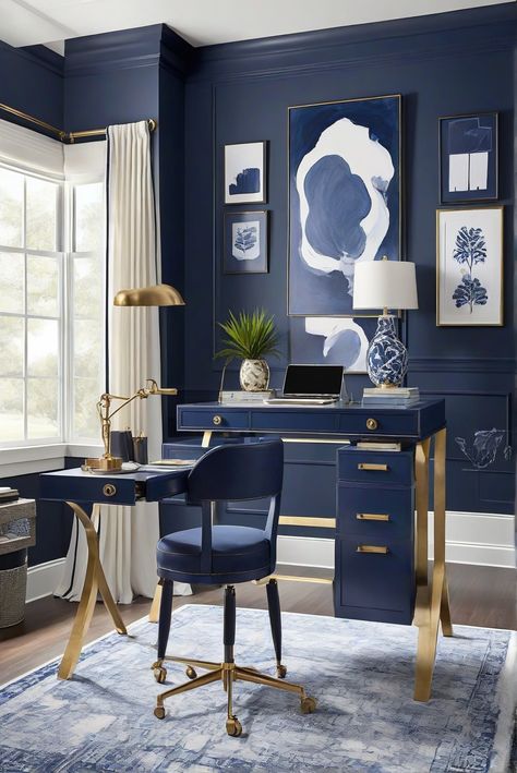 Explore the vibrancy of Hale Navy (HC-154), the best wall paint color for bold statements in 2024. Elevate your interior designer routine with rich indigo hues. #Ad #homedecor #homedesign #trendgirlApartment #Painthome #interiorarchitecture Wall Colors Green Room Colors Bright Room office Colors Apartment Renovation Home office Remodeling Modern Paint Colors 2024 Blue Accent Wall Office, Office Blue Walls, Office Design Blue, Grey Office Ideas, Monochromatic Office, Rooms Makeover, Paint Colors 2024, Green Room Colors, Best Wall Paint