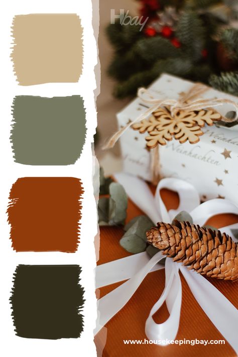 Green And Rust Christmas Decor, Orange And Brown Christmas Decor, Brown Green Christmas Decor, Boho Christmas Palette, Nontraditional Christmas Colors, Copper And Green Christmas Decor, Green And Beige Christmas Decor, Rust Colored Christmas Decor, Earthy Christmas Color Palette