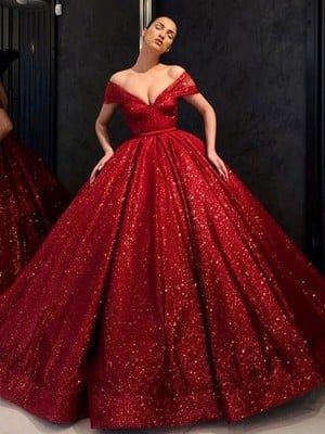 Ball Gown Sequins Ruffles Off-the-Shoulder Sleeveless Floor-Length Dresses - Hebeos Burgundy Quince Dresses, Off Shoulder Ball Gown, Red Ball Gown, Elegant Ball Gowns, Luxurious Dresses, Quince Dress, Custom Prom Dress, Red Ball, Ball Gowns Evening