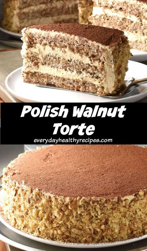 Side view of walnut torte on white plate. Polish Coffee Cake Recipes, Walnut Sponge Cake, Nut Torte Cake, Nutty Cake Recipes, Walnut Cream Cake, Easy Walnut Cake, Romanian Walnut Buttercream Cake, Sponge Cake Flavours, Different Cakes Recipes