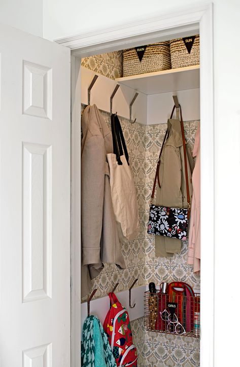 Entry Closet Organization, Coat Closet Makeover, Coat Closet Ideas, Coat Cupboard, Small Coat Closet, Front Hall Closet, Closet Wallpaper, Front Closet, Mudroom Closet