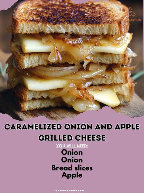 🧀🍎 Caramelized Onion and Apple Grilled Cheese—This twist on grilled cheese combines sweet apples and caramelized onions for an irresistible treat! 🍂🧀 #GrilledCheese #FallFlavors Caramelized Onion and Apple Grilled Cheese Ingredients: Bread slices (4, your choice) Butter (2 tbsp) Onion (1, thinly sliced) Apple (1, thinly sliced) Gruyère cheese (4 oz, shredded) Cheddar cheese (4 oz, shredded) Instructions: Caramelize onions in butter over medium heat until golden brown, about 10 minutes. Bu... French Onion Soup Grilled Cheese, Caramelized Onion Grilled Cheese, Buffalo Chicken Grilled Cheese, Onion Grilled Cheese, Classic Grilled Cheese, Onion Jam, Best Grilled Cheese, Grilled Cheese Sandwiches, Cheese Tasting