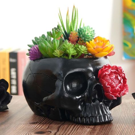 Spooky Chic: 26 Wonderful Halloween Gifts for Her! Check more at https://clothinglowprice.com/26-halloween-gifts-for-her/ Black Room Decor, Window Sill Decor, Decor Bookshelves, Halloween Candy Bowl, Skull Planter, Decorated Flower Pots, Head Planters, Unique Planter, Black Room